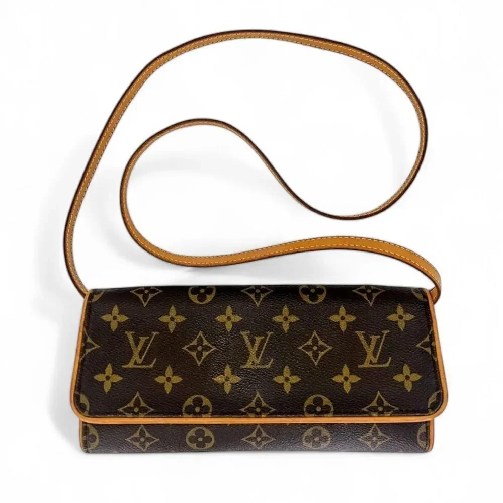Authentic LOUIS VUITTON Pochette Twin Dark Brown Logo Monogram Shoulder …